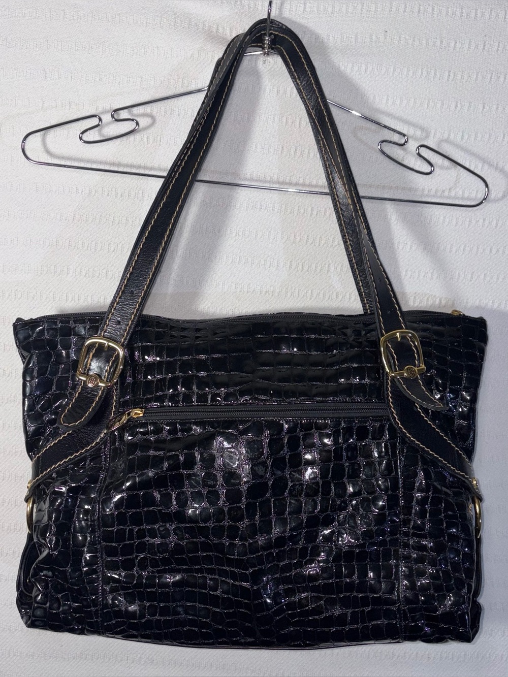 Marino Orlandi Made in Italy Crocodile Embossed Leather Satchel Black Gold